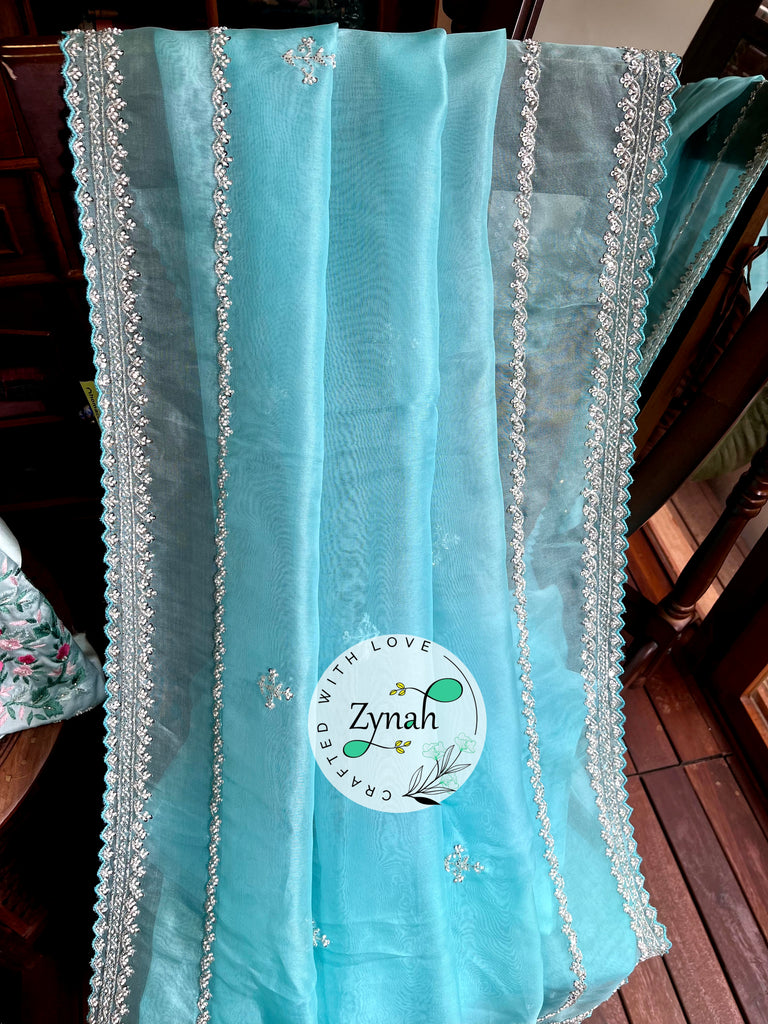 Zynah Light Blue Color Pure Organza Silk Saree with Sequence, Pearls & Cut-dana Work; Custom Stitched/Ready-made Blouse, Fall, Petticoat; Shipping available USA, Worldwide