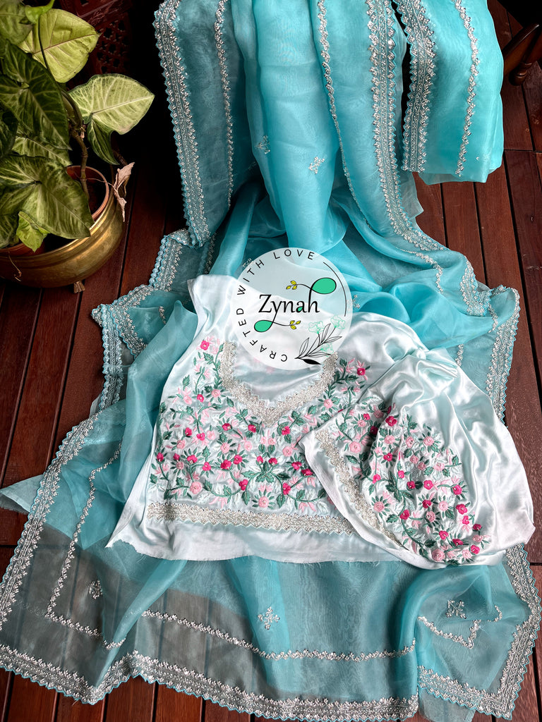 Zynah Light Blue Color Pure Organza Silk Saree with Sequence, Pearls & Cut-dana Work; Custom Stitched/Ready-made Blouse, Fall, Petticoat; Shipping available USA, Worldwide