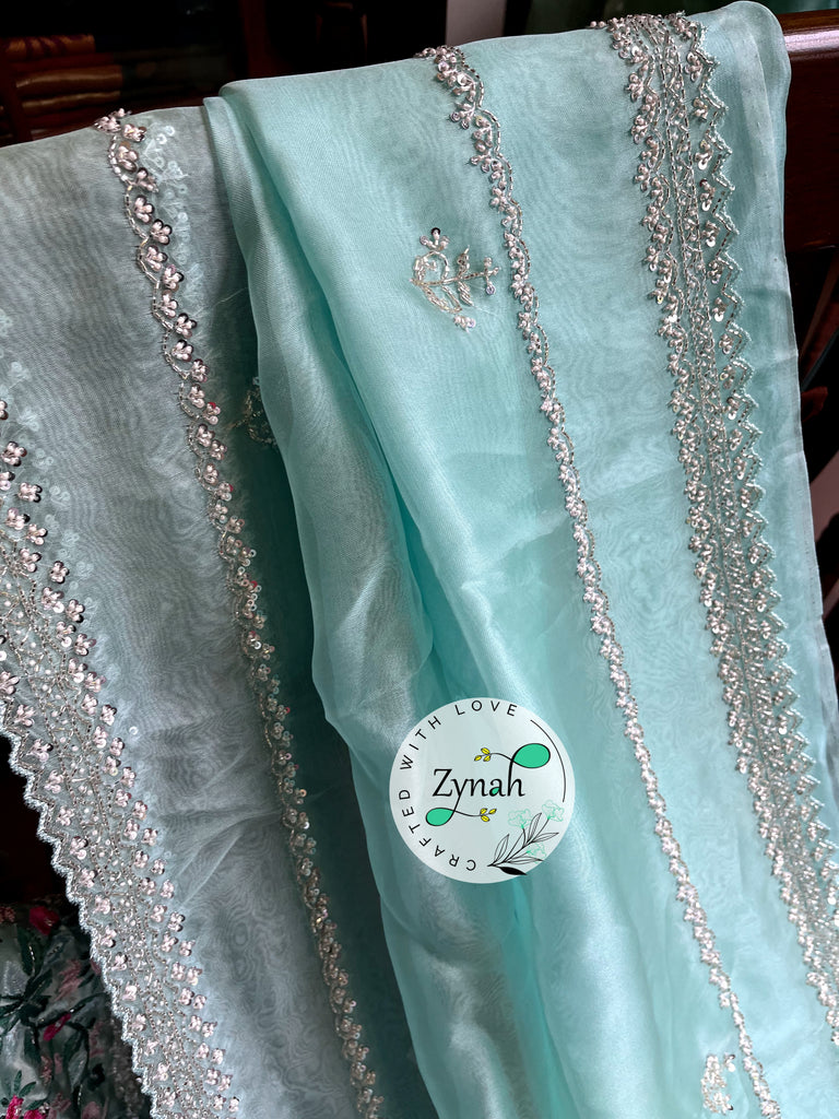 Zynah Sea Green Color Pure Organza Silk Saree with Sequence, Pearls & Cut-dana Work; Custom Stitched/Ready-made Blouse, Fall, Petticoat; Shipping available USA, Worldwide