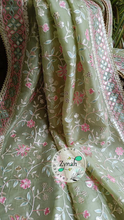 Zynah Pure Organza Silk Saree with Gotapatti Lace, Foil & Thread Embroidery Work; Custom Stitched/Ready-made Blouse, Fall, Petticoat; Shipping available USA, Worldwide