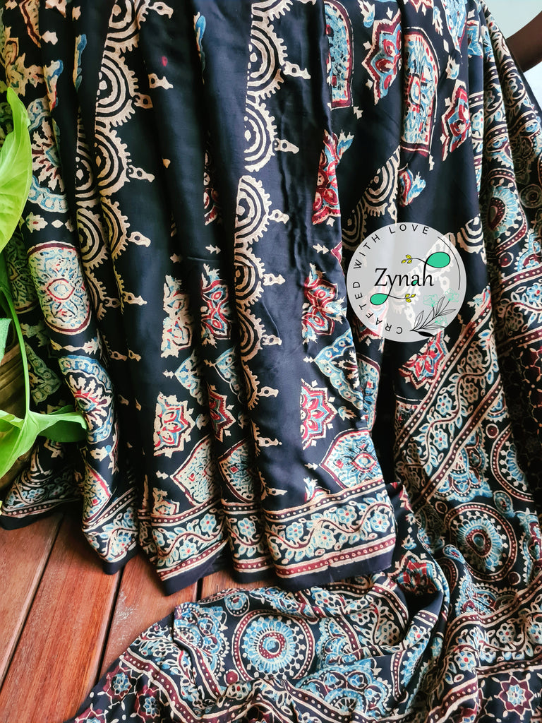 Zynah Black Color Pure Modal Silk Ajrakh Saree with Handblock Prints; Custom Stitched/Ready-made Blouse, Fall, Petticoat; Shipping available USA, Worldwide