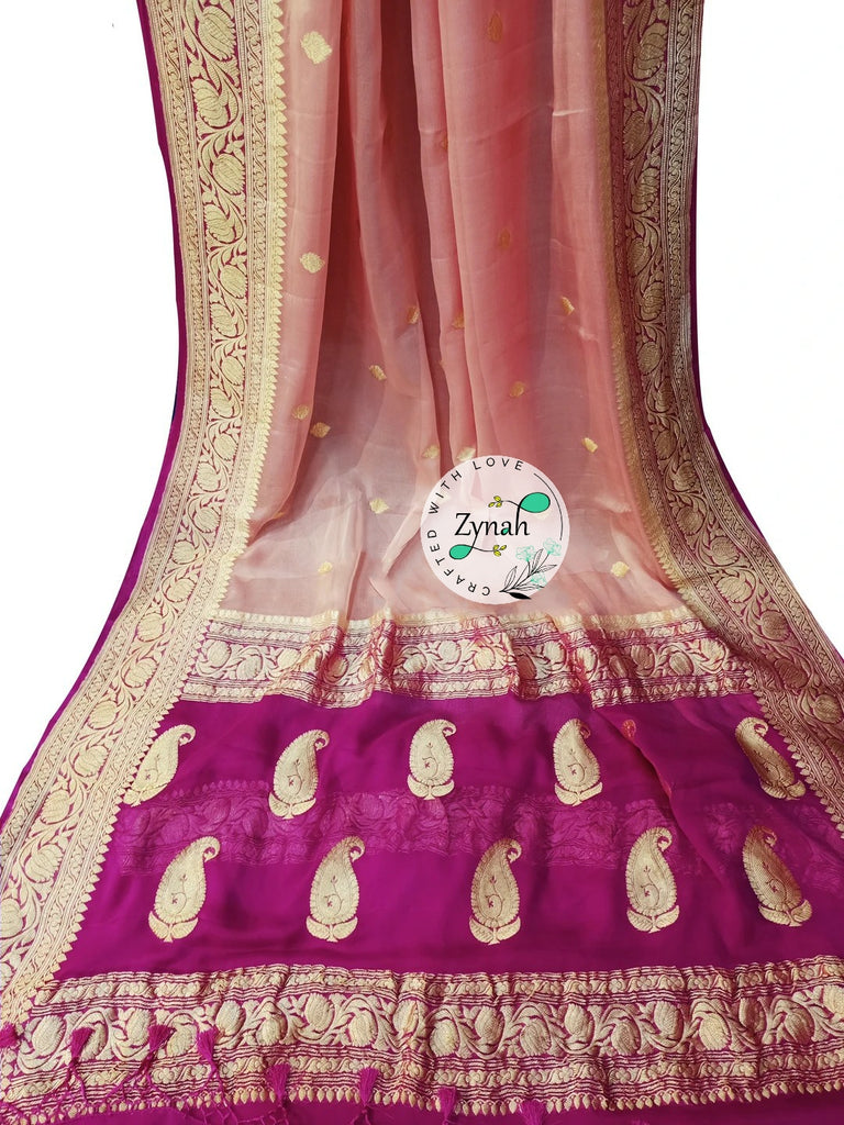 Zynah Pure Banarasi Handloom Khaddi Georgette Double-shaded Saree with Zari Weave; Custom Stitched/Ready-made Blouse, Fall, Petticoat; Shipping available USA, Worldwide