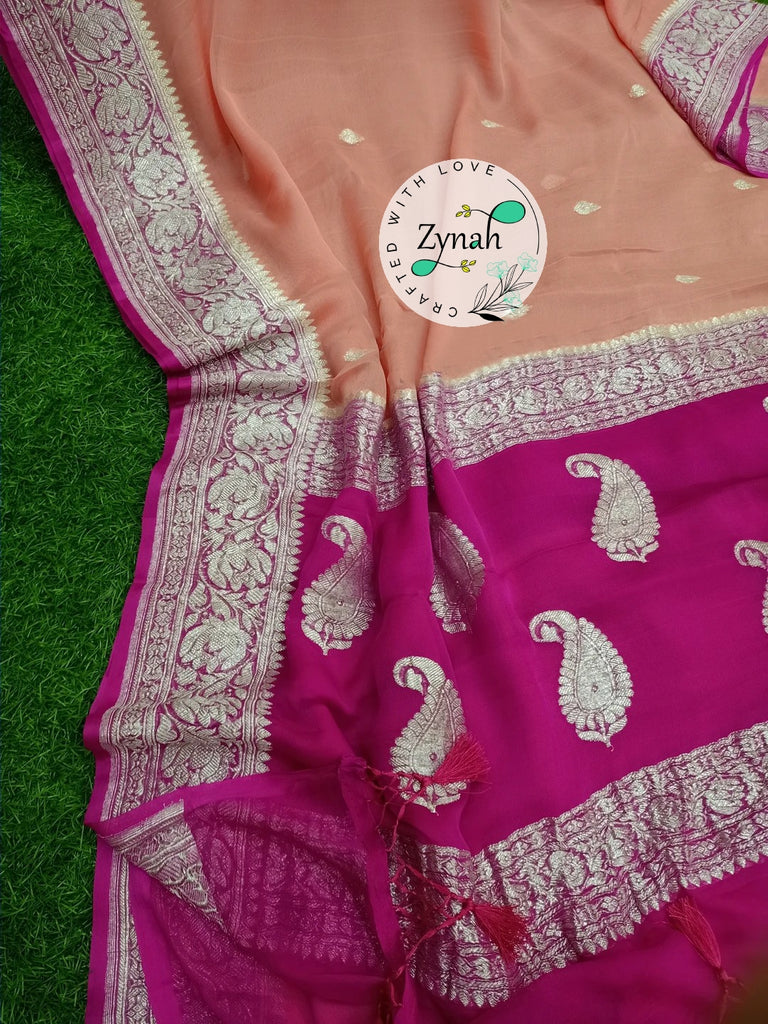 Zynah Pure Banarasi Handloom Khaddi Georgette Saree with Zari Weave; Custom Stitched/Ready-made Blouse, Fall, Petticoat; Shipping available USA, Worldwide