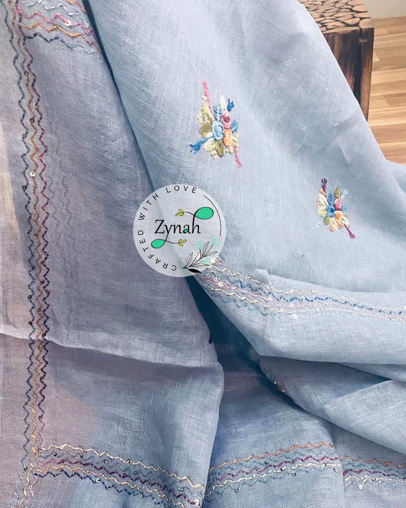 Zynah Pure Linen(120c) Handcrafted Saree with French Knot Hand Embroidery; Custom Stitched/Ready-made Blouse, Fall, Petticoat; Shipping available USA, Worldwide