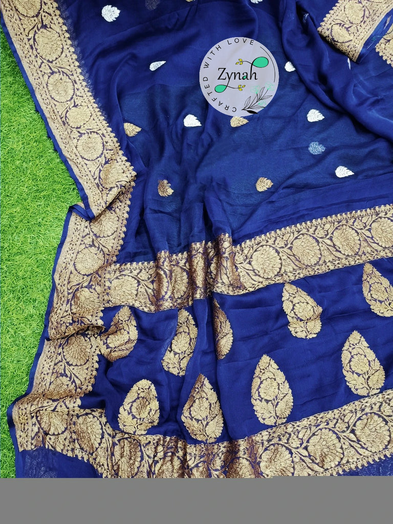 Zynah Pure Banarasi Handloom Khaddi Georgette Saree with Golden Zari Border & Butis; Custom Stitched/Ready-made Blouse, Fall, Petticoat; Shipping available USA, Worldwide