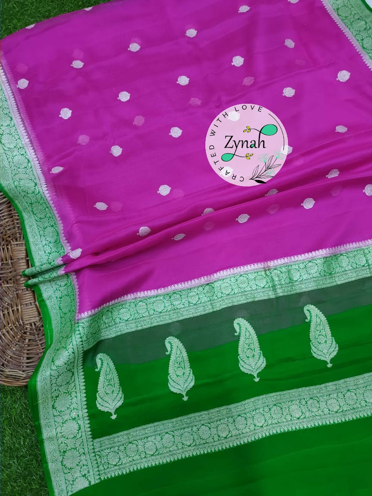 Zynah Pure Banarasi Handloom Khaddi Georgette Saree with Zari Weave; Custom Stitched/Ready-made Blouse, Fall, Petticoat; Shipping available USA, Worldwide
