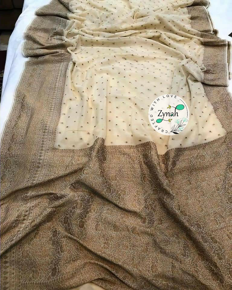 Zynah Pure Khaddi Georgette Saree with Golden Zari Weave; Custom Stitched/Ready-made Blouse, Fall, Petticoat; Shipping available USA, Worldwide