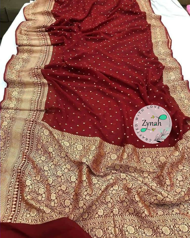 Zynah Pure Khaddi Georgette Saree with Golden Zari Weave; Custom Stitched/Ready-made Blouse, Fall, Petticoat; Shipping available USA, Worldwide