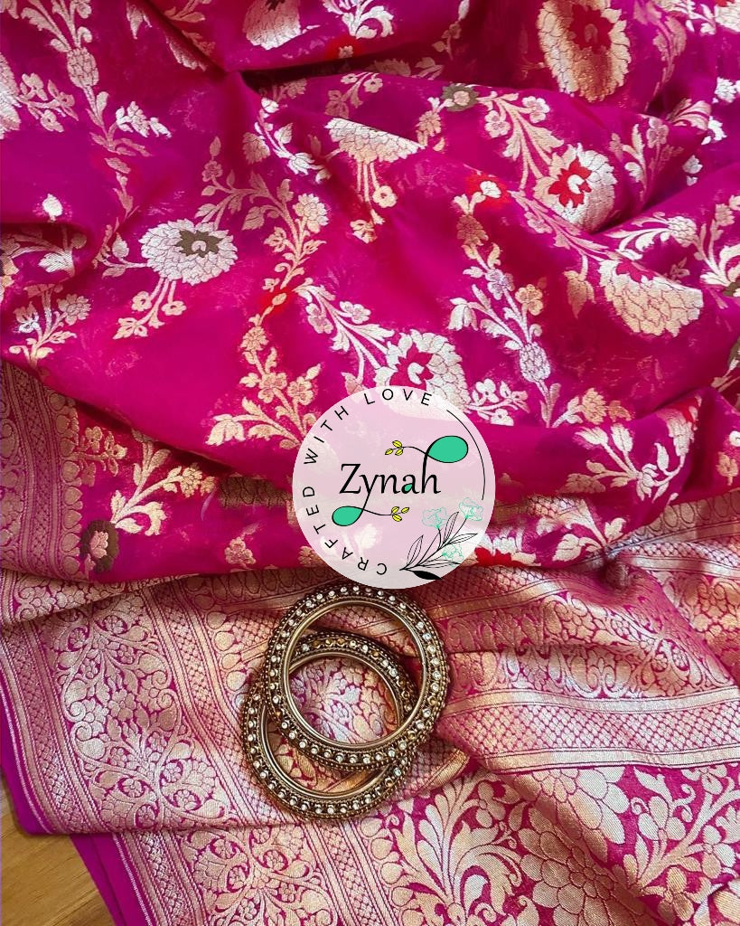 Zynah Pink Color Pure Khaddi Georgette Banarasi Saree with Golden Zari & Meenakari Weaved Motifs; Custom Stitched/Ready-made Blouse, Fall, Petticoat; Shipping available USA, Worldwide