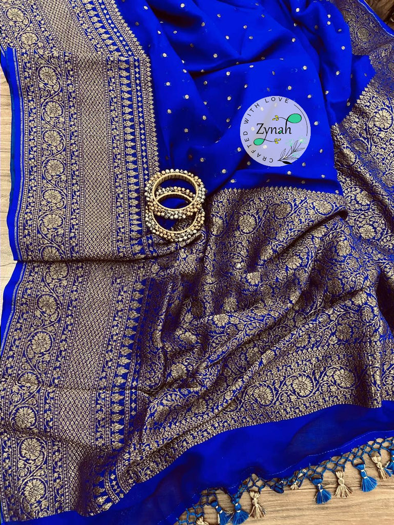 Zynah Pure Khaddi Georgette Saree with Golden Zari Weave; Custom Stitched/Ready-made Blouse, Fall, Petticoat; Shipping available USA, Worldwide