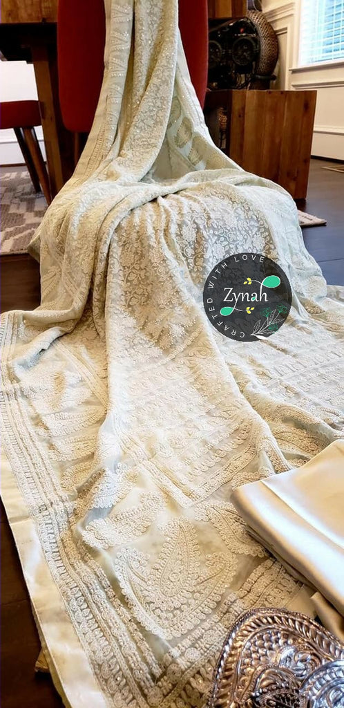 Zynah Pure Georgette Saree with Chikankari & Sequence Work; Custom Stitched/Ready-made Blouse, Fall, Petticoat; Shipping available USA, Worldwide