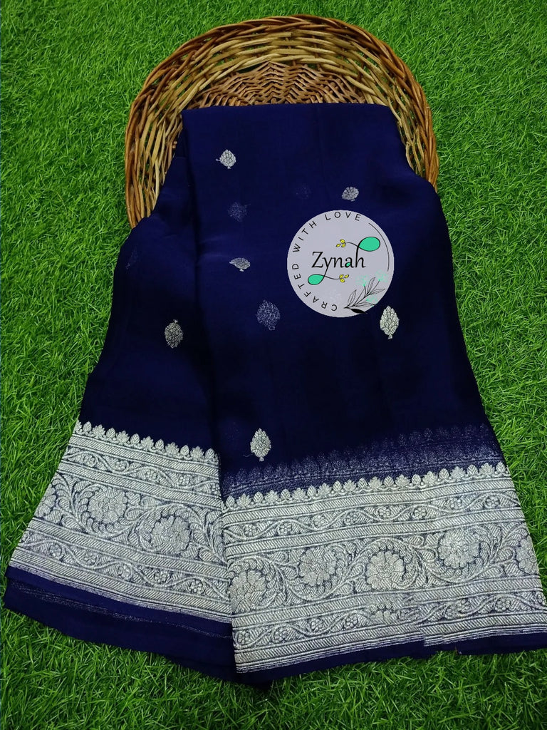 Zynah Pure Banarasi Handloom Khaddi Georgette Saree with Zari Border & Butis; Custom Stitched/Ready-made Blouse, Fall, Petticoat; Shipping available USA, Worldwide