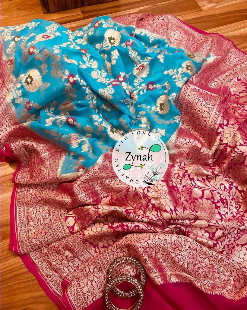 Zynah Blue Color Pure Khaddi Georgette Banarasi Saree with Golden Zari & Meenakari Weaved Motifs; Custom Stitched/Ready-made Blouse, Fall, Petticoat; Shipping available USA, Worldwide