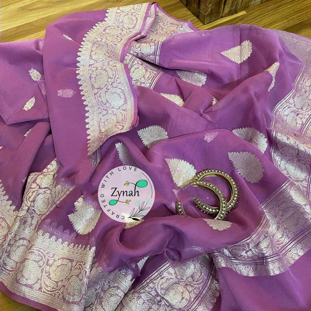 Zynah Pure Banarasi Handloom Khaddi Georgette Saree with Zari Border & Butis; Custom Stitched/Ready-made Blouse, Fall, Petticoat; Shipping available USA, Worldwide