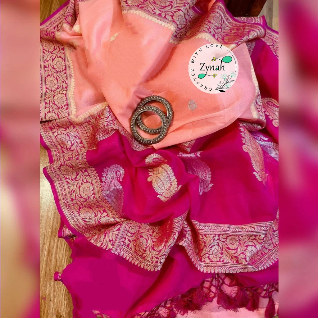 Zynah Pure Banarasi Handloom Khaddi Georgette Saree with Zari Weave; Custom Stitched/Ready-made Blouse, Fall, Petticoat; Shipping available USA, Worldwide