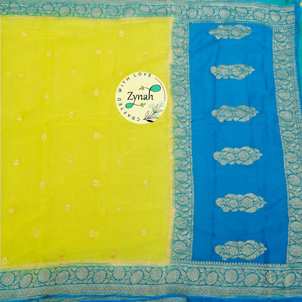 Zynah Pure Banarasi Handloom Khaddi Georgette Saree with Zari Weave; Custom Stitched/Ready-made Blouse, Fall, Petticoat; Shipping available USA, Worldwide