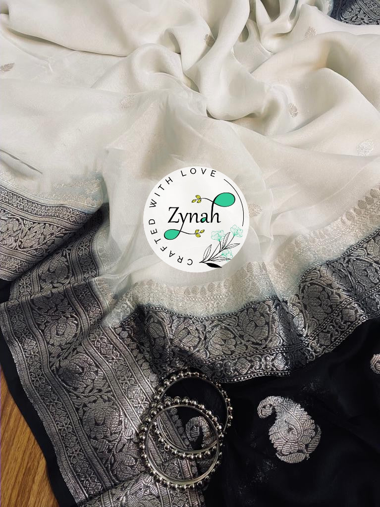 Zynah White & Black Color Pure Banarasi Handloom Khaddi Georgette Saree with Zari Border & Butis; Custom Stitched/Ready-made Blouse, Fall, Petticoat; Shipping available USA, Worldwide