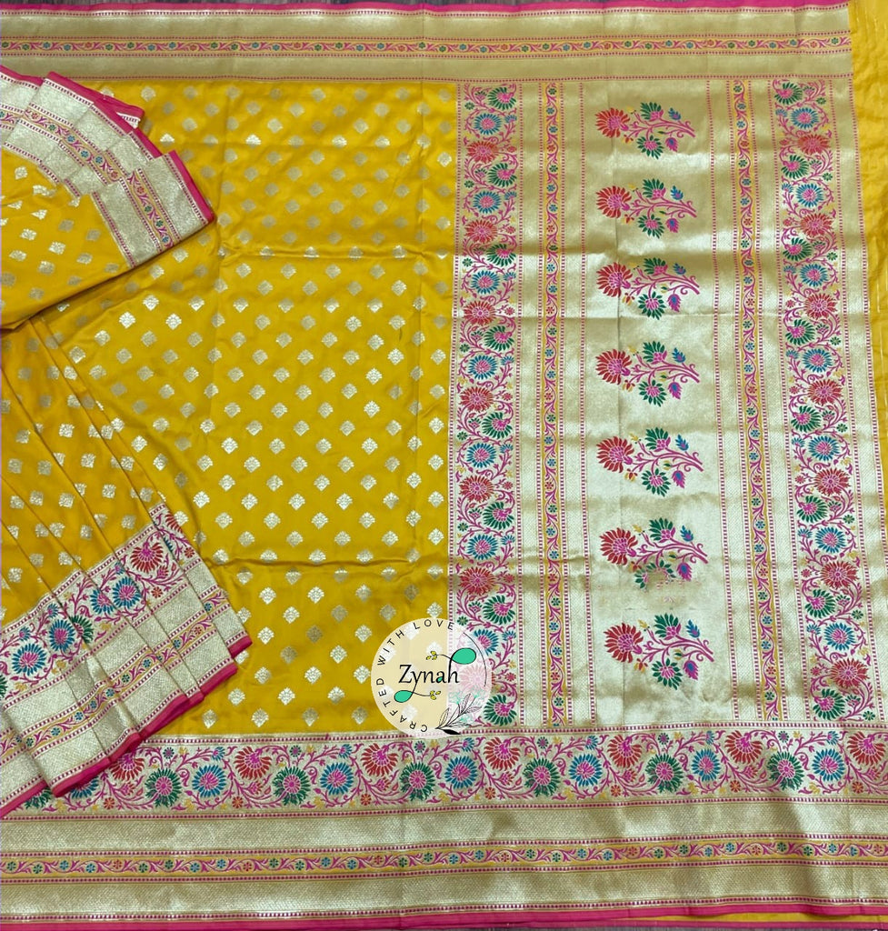 Zynah Pure Banarasi Soft Silk Meenakari Saree; Custom Stitched/Ready-made Blouse, Fall, Petticoat; Shipping available USA, Worldwide