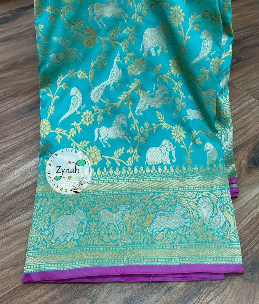Zynah Pure Banarasi Soft Silk Saree with Shikargah Design; Custom Stitched/Ready-made Blouse, Fall, Petticoat; Shipping available USA, Worldwide