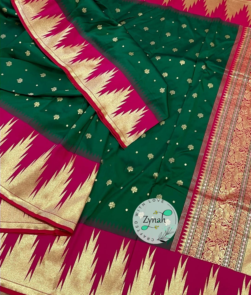 Zynah Pure Banarasi Soft Silk Saree with Temple Design Border; Custom Stitched/Ready-made Blouse, Fall, Petticoat; Shipping available USA, Worldwide