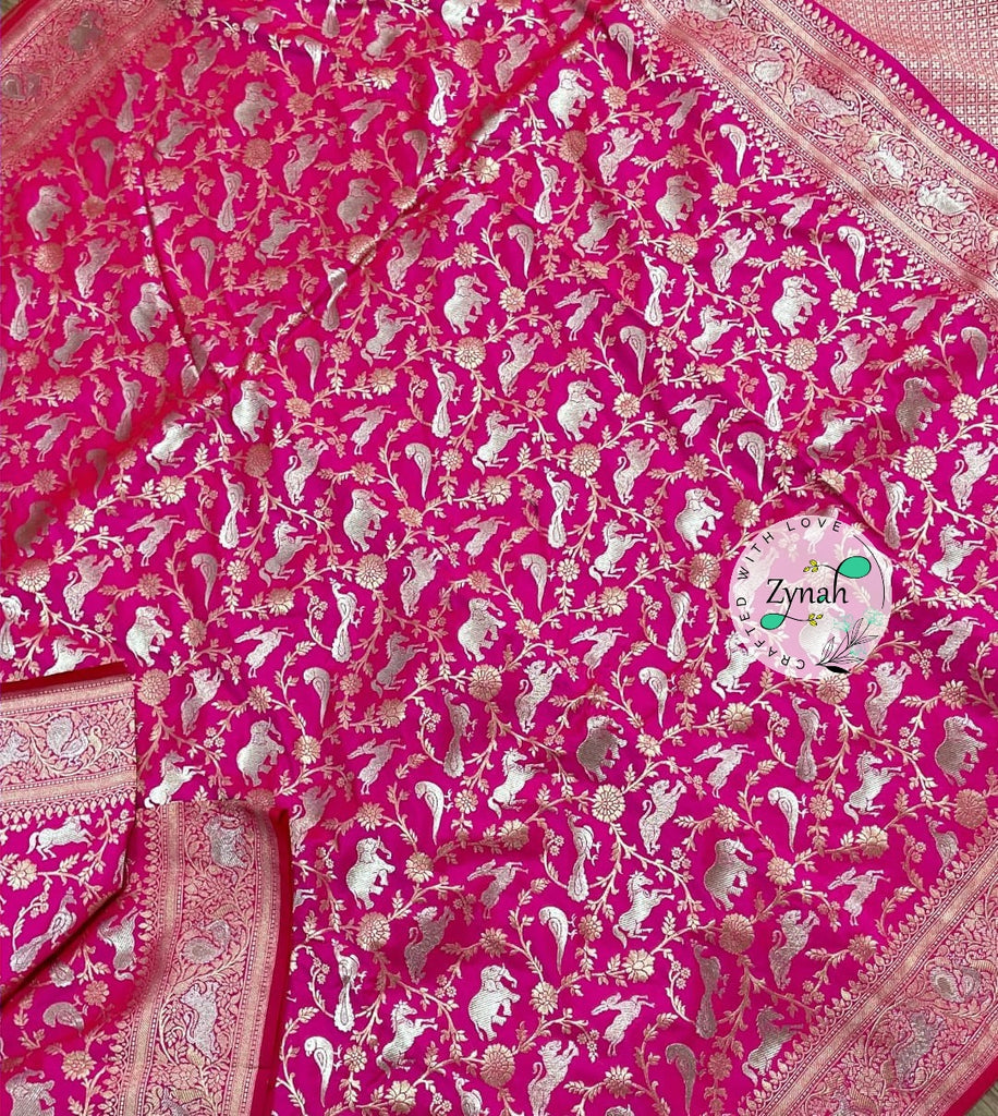 Zynah Pure Banarasi Soft Silk Saree with Shikargah Design; Custom Stitched/Ready-made Blouse, Fall, Petticoat; Shipping available USA, Worldwide