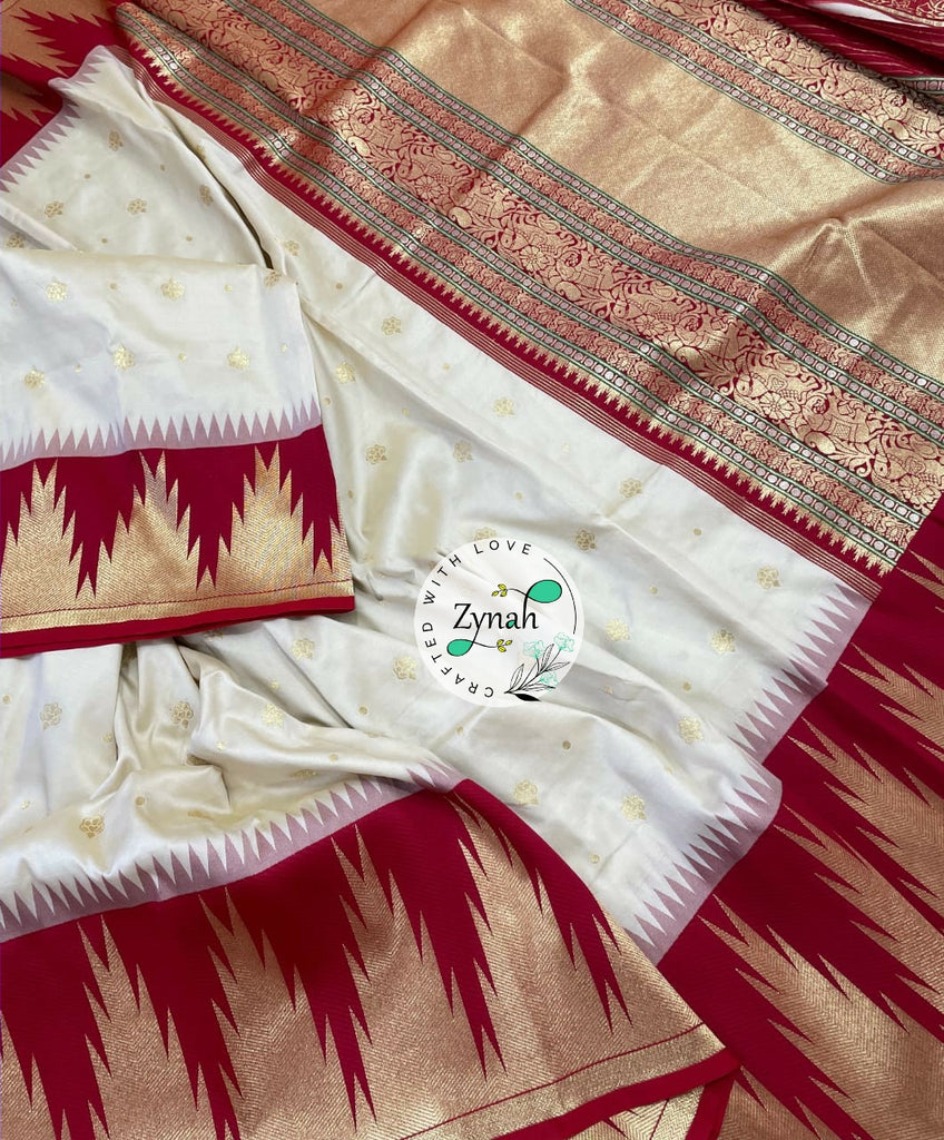 Zynah Pure Banarasi Soft Silk Saree with Temple Design Border; Custom Stitched/Ready-made Blouse, Fall, Petticoat; Shipping available USA, Worldwide