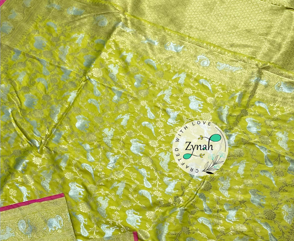 Zynah Pure Banarasi Soft Silk Saree with Shikargah Design; Custom Stitched/Ready-made Blouse, Fall, Petticoat; Shipping available USA, Worldwide