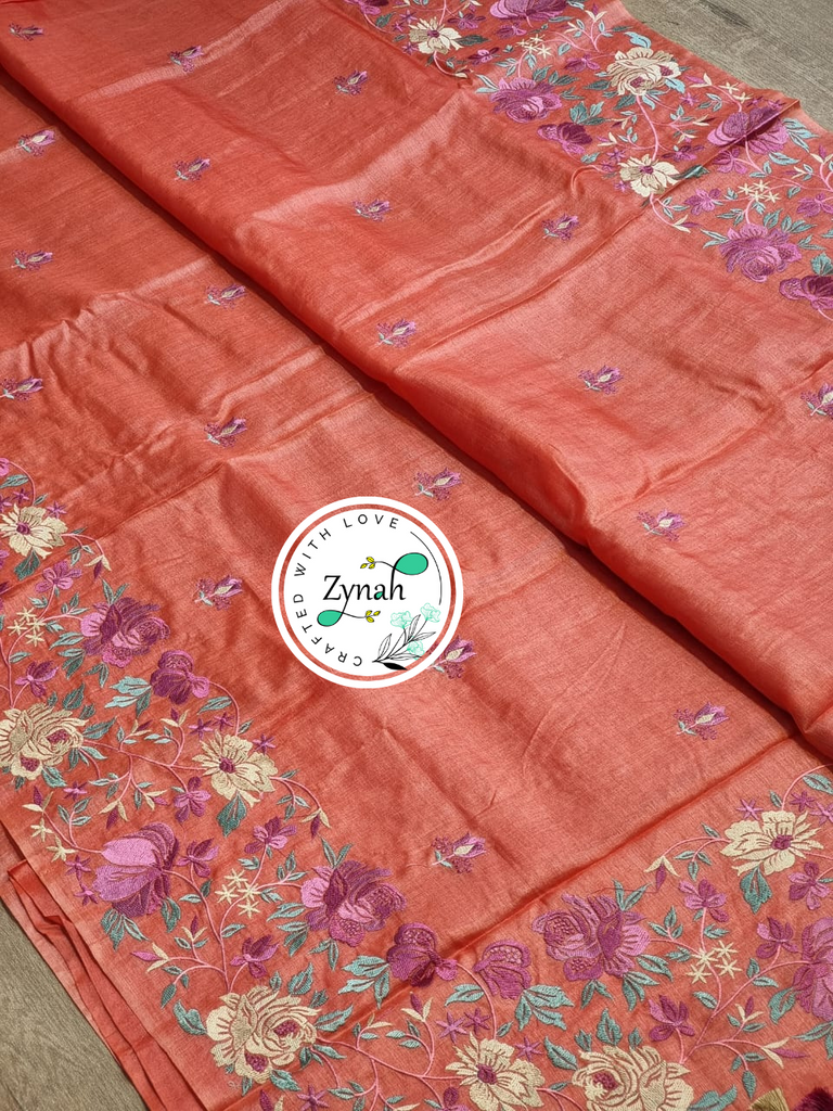 Zynah Pink Color Pure Tussar Silk Embroidered Saree with Vibrant Tassels; Custom Stitched/Ready-made Blouse, Fall, Petticoat; Shipping available USA, Worldwide