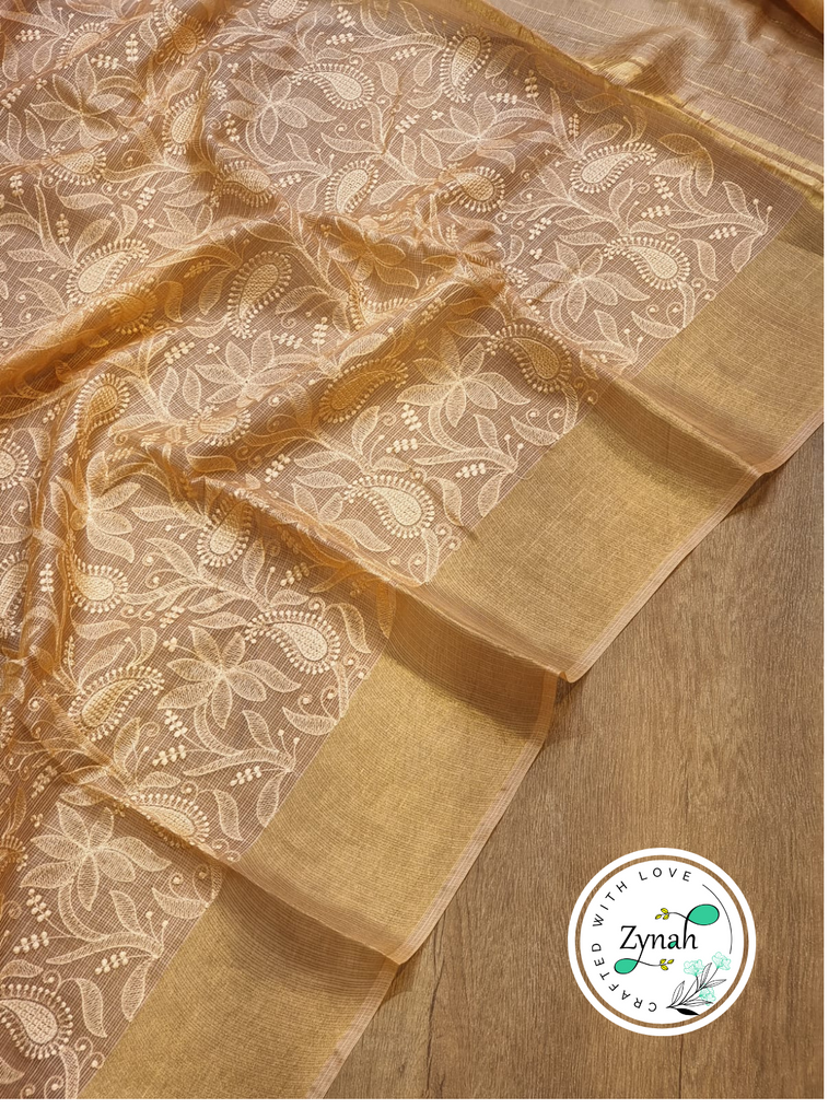 Zynah Orange Color Pure Tussar Kota Silk Saree with Heavy Chikankari Embroidery With Double Ghiccha Pallu and Heavy Tassels; Custom Stitched/Ready-made Blouse, Fall, Petticoat; Shipping available USA, Worldwide