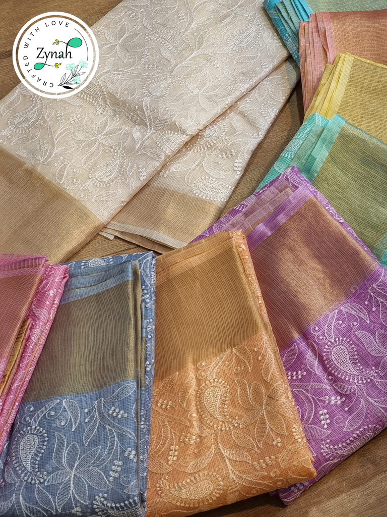 Zynah Off-White Color Pure Tussar Kota Silk Saree with Heavy Chikankari Embroidery With Double Ghiccha Pallu and Heavy Tassels; Custom Stitched/Ready-made Blouse, Fall, Petticoat; Shipping available USA, Worldwide