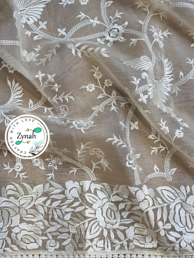 Zynah Off-white Color Pure Organza Silk Saree with Parsi Gara Inspired Embroidery & Crochet Lace; Custom Stitched/Ready-made Blouse, Fall, Petticoat; Shipping available USA, Worldwide Zynah Off-white Color Pure Organza Silk Saree with Parsi Gara Inspired Embroidery & Crochet Lace; Custom Stitched/Ready-made Blouse, Fall, Petticoat; Shipping available USA, Worldwide