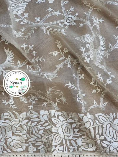 Zynah Off-white Color Pure Organza Silk Saree with Parsi Gara Inspired Embroidery & Crochet Lace; Custom Stitched/Ready-made Blouse, Fall, Petticoat; Shipping available USA, Worldwide