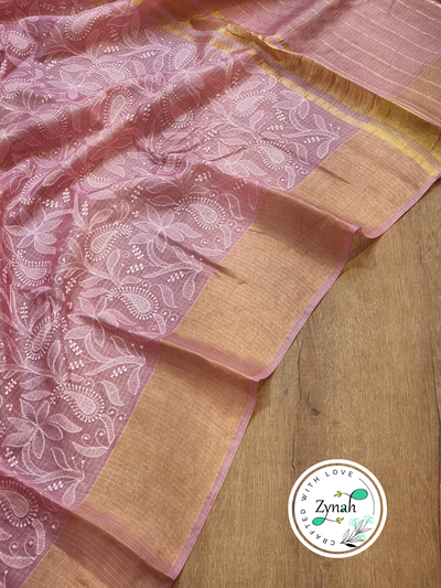 Zynah Pink Color Pure Tussar Kota Silk Saree with Heavy Chikankari Embroidery With Double Ghiccha Pallu and Heavy Tassels; Custom Stitched/Ready-made Blouse, Fall, Petticoat; Shipping available USA, Worldwide