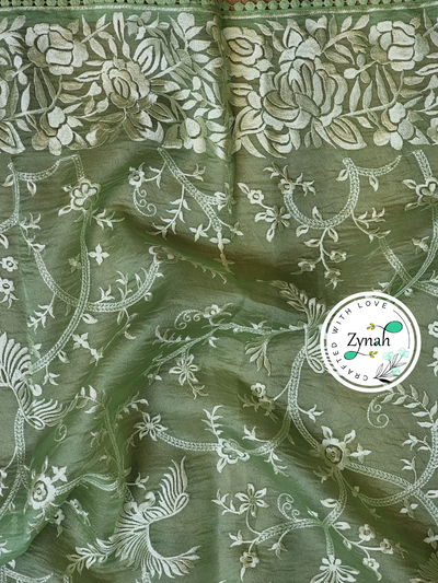 Zynah Green Color Pure Organza Silk Saree with Parsi Gara Inspired Embroidery & Crochet Lace; Custom Stitched/Ready-made Blouse, Fall, Petticoat; Shipping available USA, Worldwide