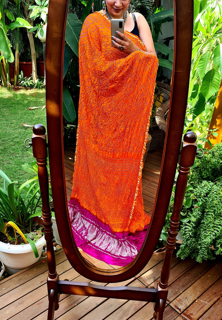 Zynah Pure Gajji Silk Designer Bandhani Saree with Tissue Zari Pallu; Custom Stitched/Ready-made Blouse, Fall, Petticoat; Shipping available USA, Worldwide