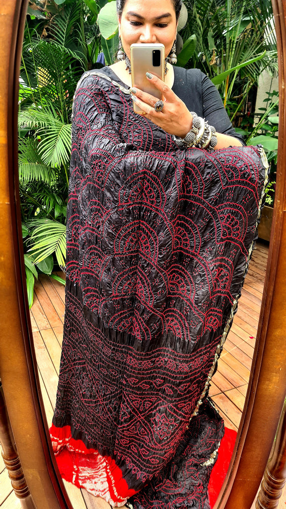 Zynah Pure Gajji Silk Designer Bandhani Saree with Zari Border & Pallu; Custom Stitched/Ready-made Blouse, Fall, Petticoat; Shipping available USA, Worldwide