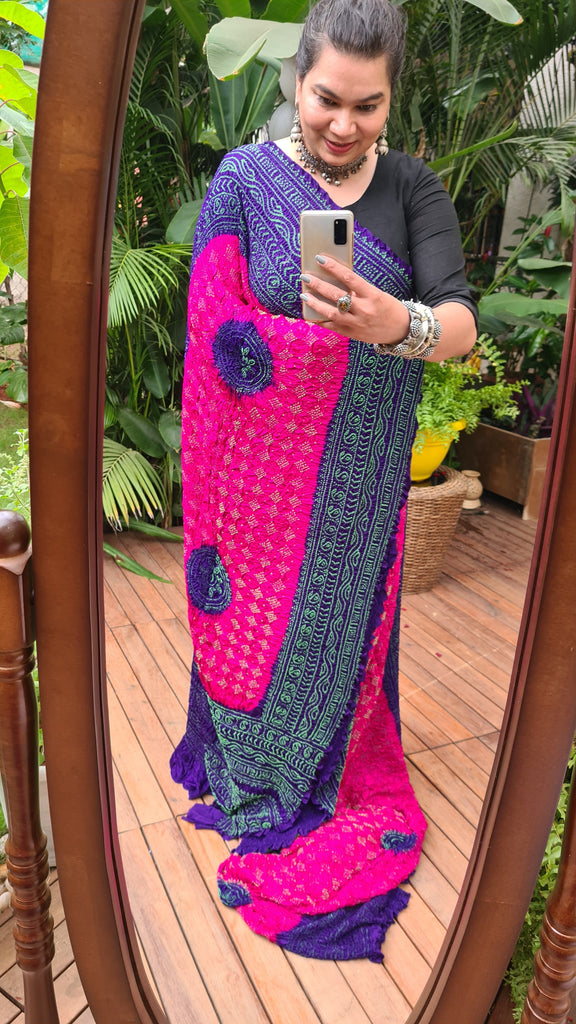 Zynah Pure Gajji Silk Designer Bandhani Saree with Trending Big Border; Custom Stitched/Ready-made Blouse, Fall, Petticoat; Shipping available USA, Worldwide