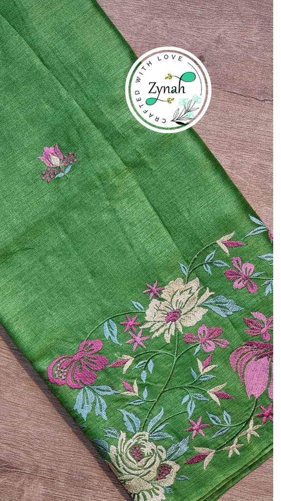 Zynah Green Color Pure Tussar Silk Embroidered Saree with Vibrant Tassels; Custom Stitched/Ready-made Blouse, Fall, Petticoat; Shipping available USA, Worldwide