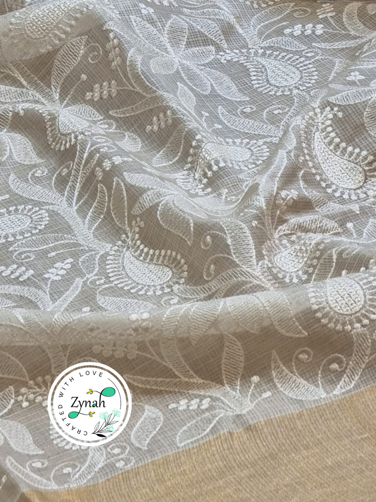 Zynah Off-White Color Pure Tussar Kota Silk Saree with Heavy Chikankari Embroidery With Double Ghiccha Pallu and Heavy Tassels; Custom Stitched/Ready-made Blouse, Fall, Petticoat; Shipping available USA, Worldwide