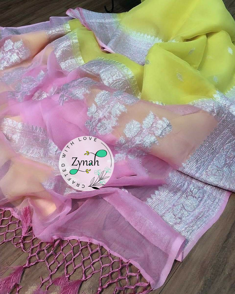 Zynah Pure Banarasi Handloom Khaddi Georgette Saree with Zari Weave; Custom Stitched/Ready-made Blouse, Fall, Petticoat; Shipping available USA, Worldwide