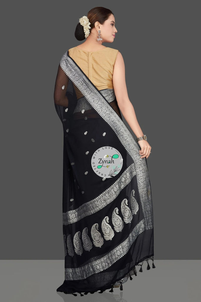 Zynah Pure Banarasi Handloom Khaddi Georgette Saree with Zari Border & Butis; Custom Stitched/Ready-made Blouse, Fall, Petticoat; Shipping available USA, Worldwide