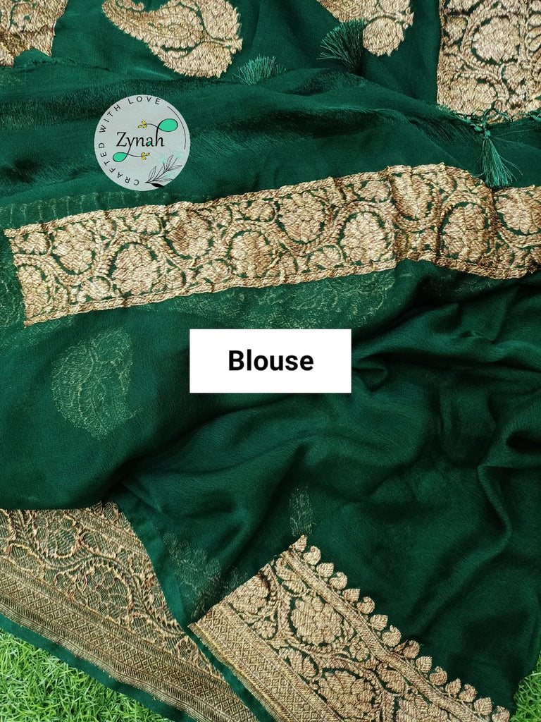 Zynah Pure Banarasi Handloom Khaddi Georgette Saree with Zari Border & Butis; Custom Stitched/Ready-made Blouse, Fall, Petticoat; Shipping available USA, Worldwide