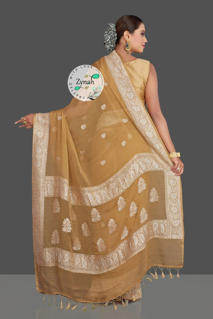 Zynah Pure Banarasi Handloom Khaddi Georgette Saree with Zari Border & Butis; Custom Stitched/Ready-made Blouse, Fall, Petticoat; Shipping available USA, Worldwide