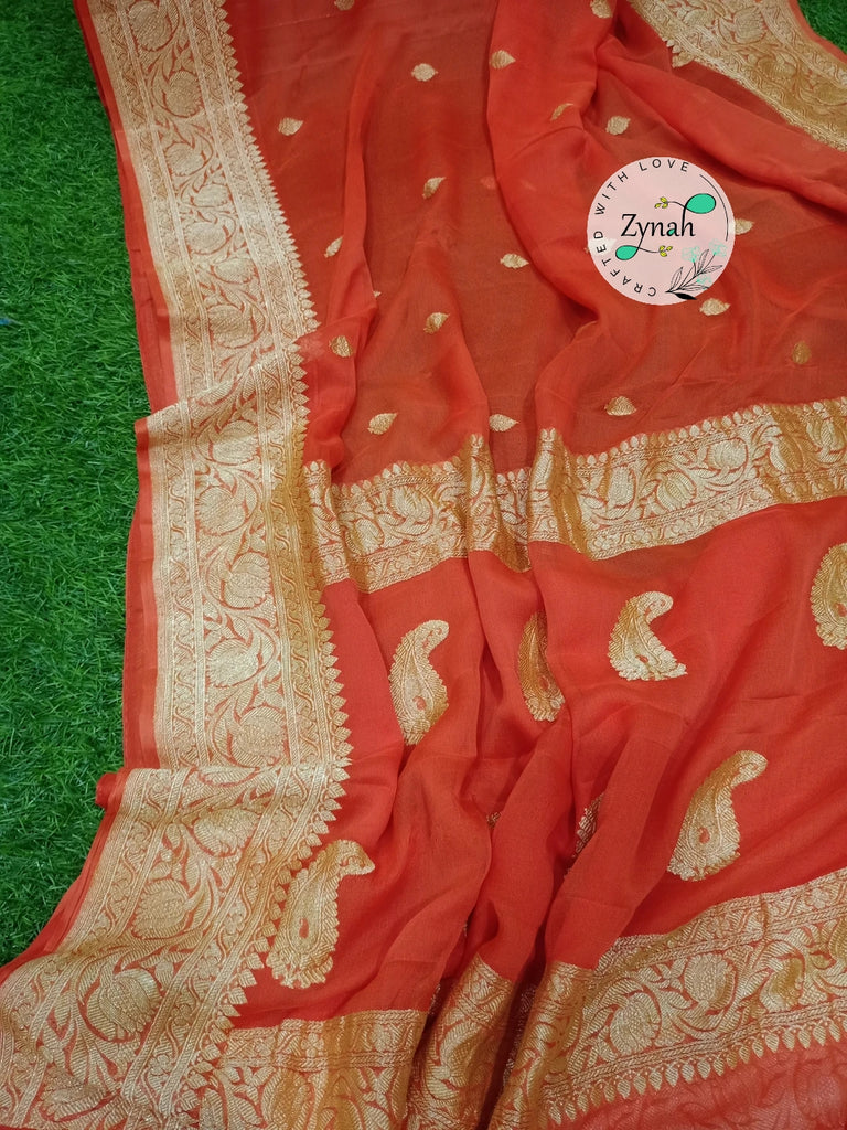 Zynah Pure Banarasi Handloom Khaddi Georgette Saree with Zari Border & Butis; Custom Stitched/Ready-made Blouse, Fall, Petticoat; Shipping available USA, Worldwide
