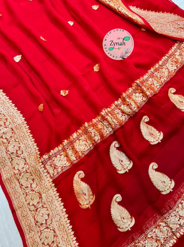 Zynah Pure Banarasi Handloom Khaddi Georgette Saree with Zari Border & Butis; Custom Stitched/Ready-made Blouse, Fall, Petticoat; Shipping available USA, Worldwide