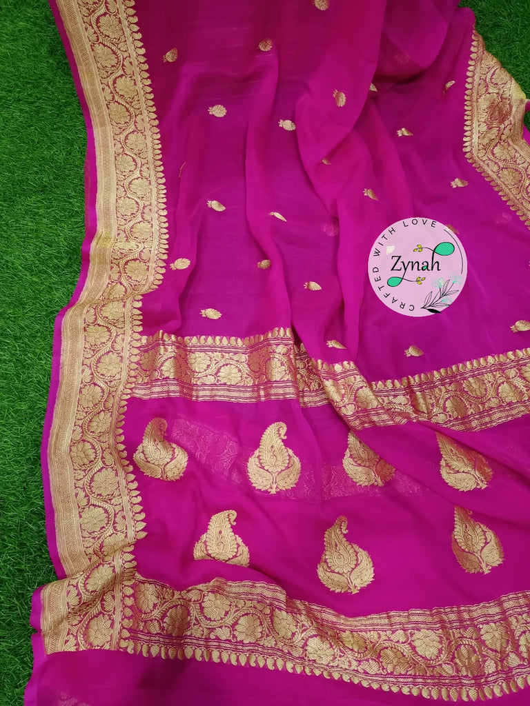 Zynah Pure Banarasi Handloom Khaddi Georgette Saree with Zari Border & Butis; Custom Stitched/Ready-made Blouse, Fall, Petticoat; Shipping available USA, Worldwide
