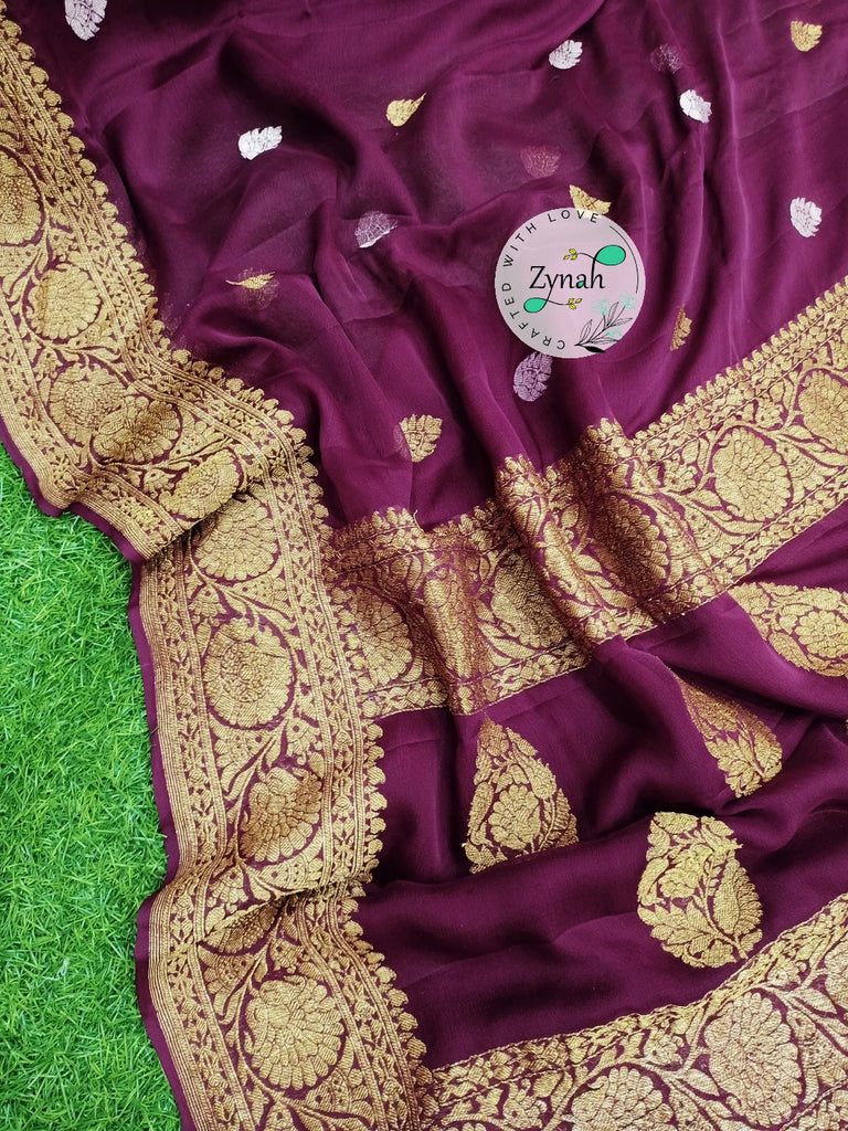 Zynah Pure Banarasi Handloom Khaddi Georgette Saree with Zari Border & Butis; Custom Stitched/Ready-made Blouse, Fall, Petticoat; Shipping available USA, Worldwide