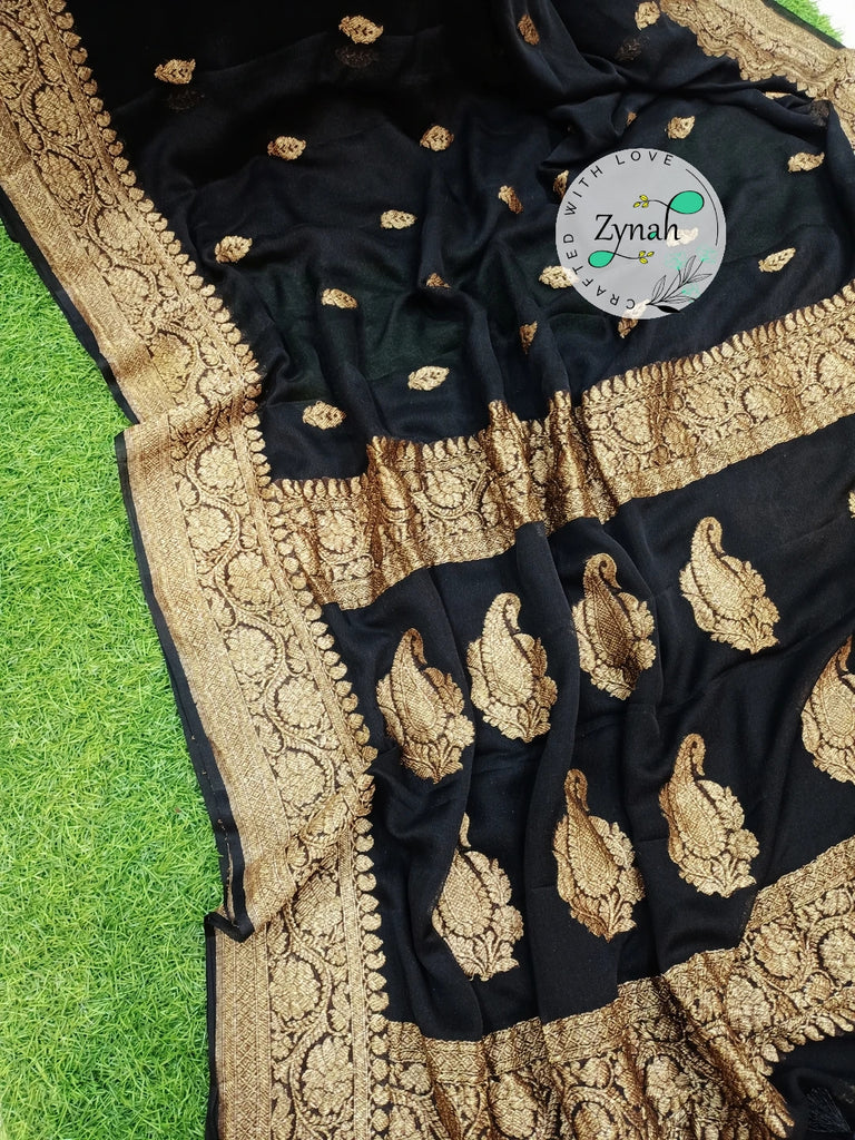 Zynah Pure Banarasi Handloom Khaddi Georgette Saree with Zari Border & Butis; Custom Stitched/Ready-made Blouse, Fall, Petticoat; Shipping available USA, Worldwide