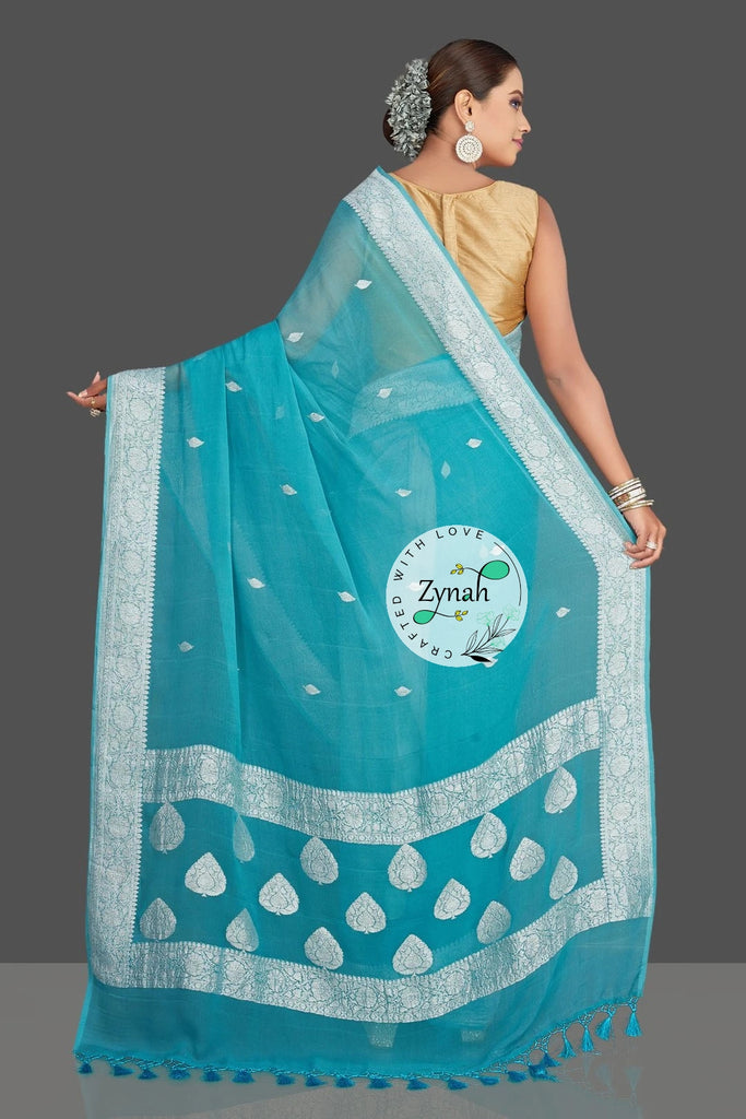 Zynah Pure Banarasi Handloom Khaddi Georgette Saree with Zari Border & Butis; Custom Stitched/Ready-made Blouse, Fall, Petticoat; Shipping available USA, Worldwide