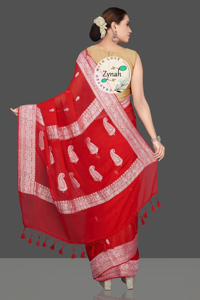 Zynah Pure Banarasi Handloom Khaddi Georgette Saree with Zari Border & Butis; Custom Stitched/Ready-made Blouse, Fall, Petticoat; Shipping available USA, Worldwide